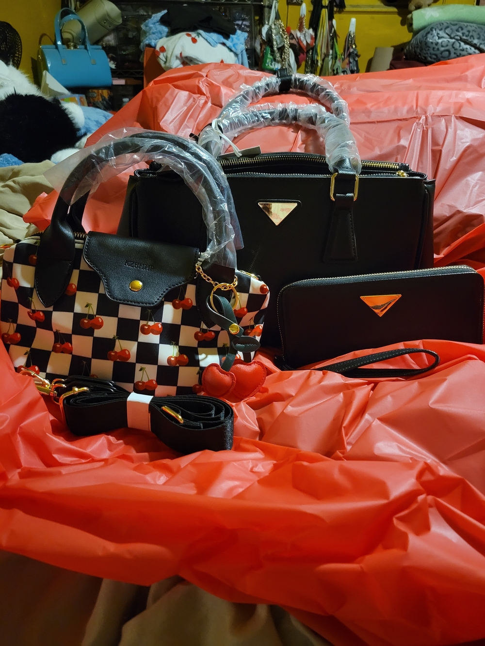 Black Structured Satchel Bag with Cherry-Print Accent and Matching Wallet